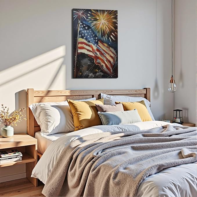 Framed 4th of July Fireworks American Flag Wall Art, Patriotic Impasto Canvas Art Pictures, USA Flag Wall Decor for Living Room Man Cave Bar, Ready to Hang Made in USA