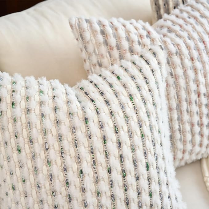 Aeckself Handmade Boho Chenille Tufted Pillow Cover 12x20 Inch, Rectangle Decorative Lumbar Throw Pillow Cover Neutral Pillowcase for Couch Bedroom Living Room, Green White