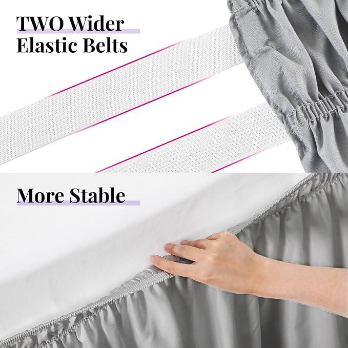 Grey Bed Skirt Queen Size 12 Inch Drop, Elastic Wrap Around Bedskirt | Solid Ruffled, Easy to Use, No Mattress Lifting, Wrinkle & Fade Resistant, with Adhesive Strips, Machine Wash/Dry/Iron