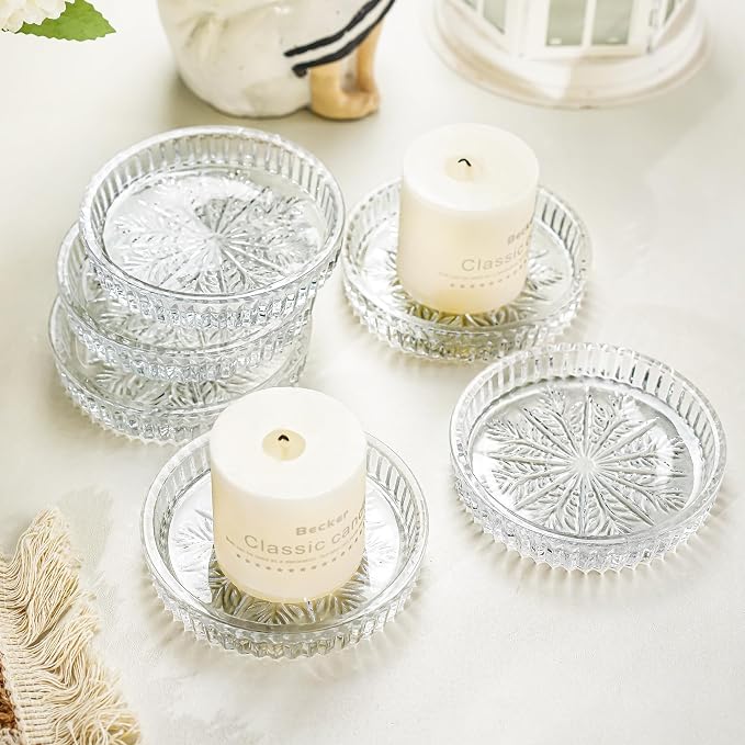 Set of 6 Pillar Candle Holders, 3.5 Inch Glass Candle Plates