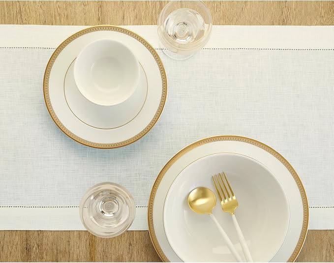 Solino Home 100% Linen Table Runner Ivory, Classic Hemstitch 14 x 108 in | dresses up dining tables for everyday meals, hemstitched border, mitered corners, machine washable, soft, OEKO-TEX Certified
