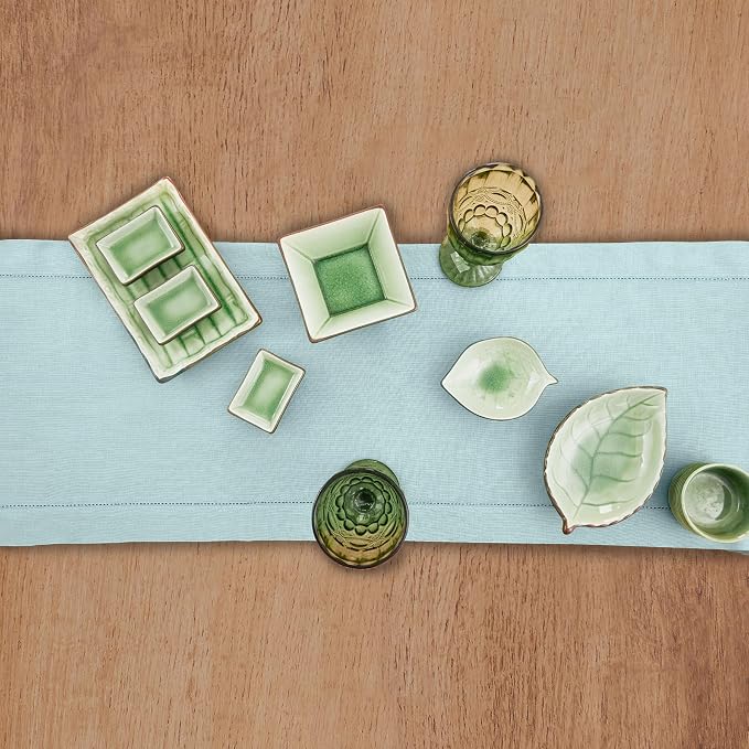 Solino Home 100% Pure Linen Table Runner Aqua Blue Hemstitch, 14 x 48 in | Classic Hemstitch, styles dining tables for meals and celebrations, hemstitched border, mitered corners, OEKO-TEX Certified