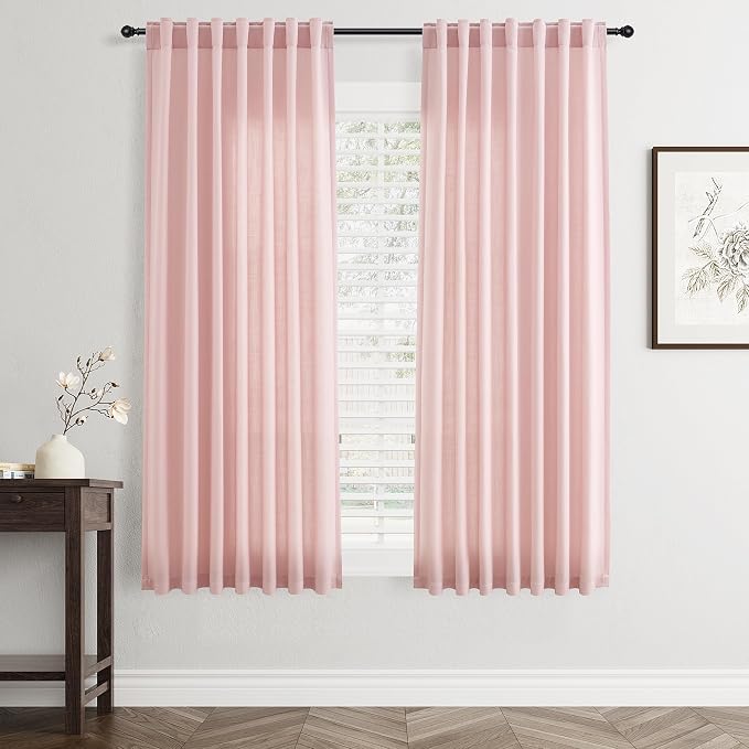 Jowels Pink Linen Curtains 63 Inch Long 2 Panels for Living Room | Light Filtering Semi Sheer Curtain, Back Tab Pocket Pleated Look, Boho Farmhouse Textured Privacy Drapes for Bedroom Window