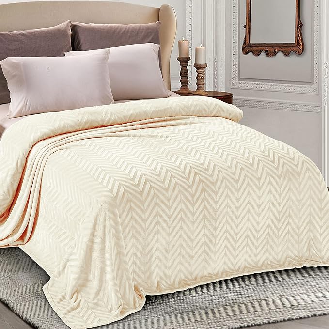 Whale Flotilla Flannel Fleece Bed Blanket Twin Size, Ivory | Lightweight Breathable Soft Bedspread, Plush Fluffy Coverlet Chevron Design Decorative Blanket for All Season, 60x80 Inch