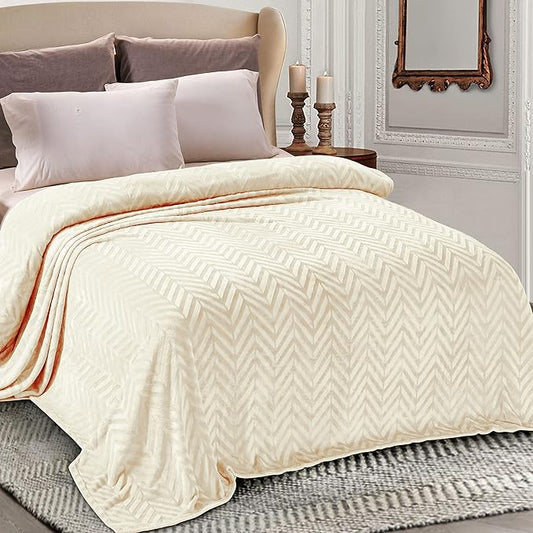 Whale Flotilla Flannel Fleece Bed Blanket Twin Size, Ivory | Lightweight Breathable Soft Bedspread, Plush Fluffy Coverlet Chevron Design Decorative Blanket for All Season, 60x80 Inch