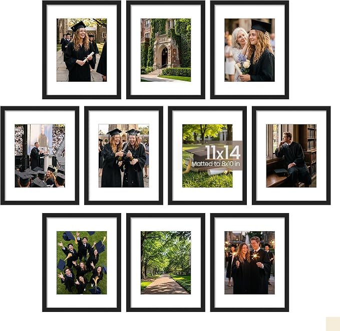upsimples 11x14 Picture Frame Set of 10, Display Pictures 8x10 with Mat or 11x14 Without, Multi Photo Frames Collage for Wall Display, Black
