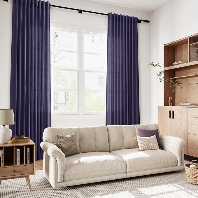 Purple Linen Blend Light Filtering Back Tab Curtains 102 Inches Long, Semi Sheer Privacy Drapes for Living Room & Bedroom, 52x102 inch, 2 Panels
