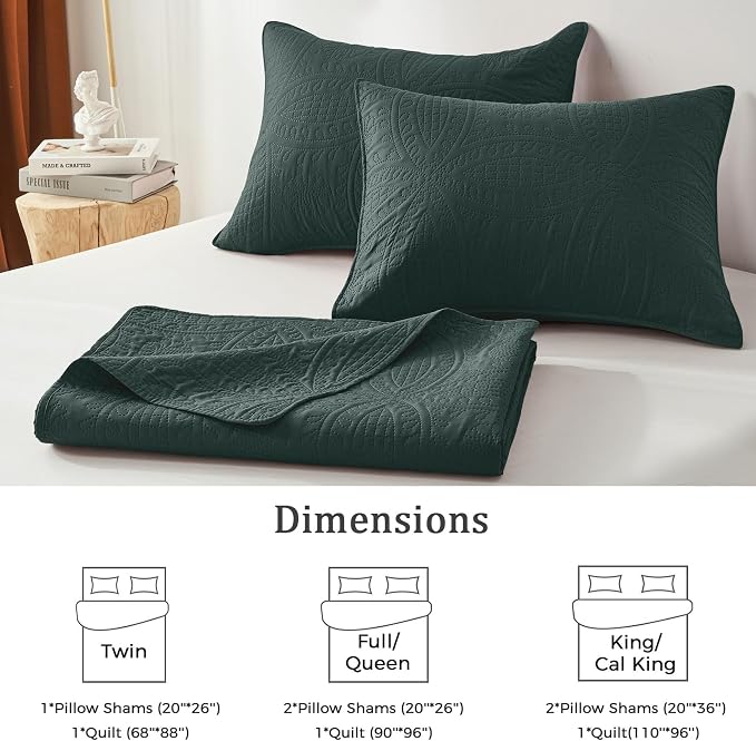 akkialla Mocha Forest Green Full/Queen Quilt Set,Ultrasonic Lightweight Bedspread Coverlet for Modern Minimalist Bedroom,Soft Microfiber Coin Pattern Bedding,3-Piece (1 Quilt,2 Pillow Shams)