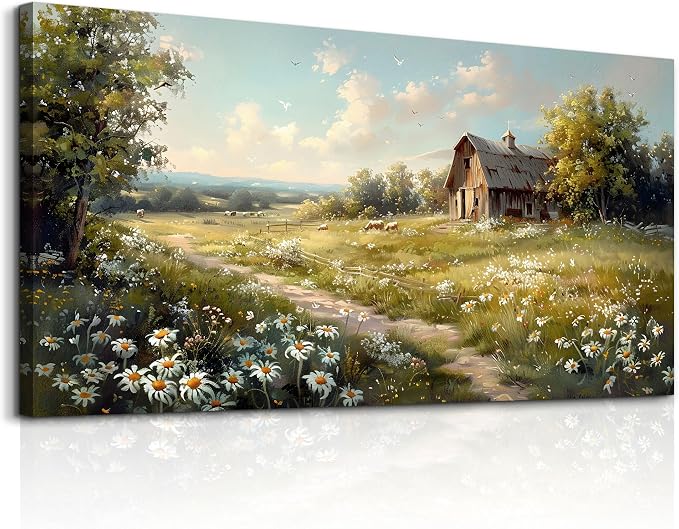KELIYUAN Canvas Wall Art For Living Room Farmhouse Wall Decor For Bedroom Office Wall Decoration Vintage Country Field Landscape Painting Framed Prints Pictures Artwork Room Home Decor 20"x40"