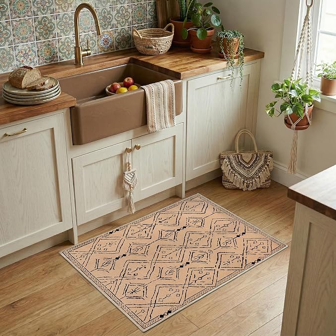 jinchan 2x3 Faux Jute Area Rug Washable Moroccan Entryway Rug, Warm Taupe | Neutral Boho Geometric, Non-Slip, Low Pile, Indoor Outdoor, High-Traffic, Kitchen, Bathroom, Laundry Room, Porch, Balcony