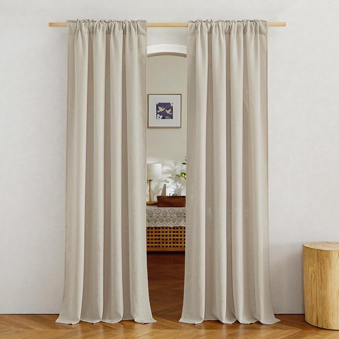 NICETOWN Linen Taupe Curtains 84 inches Long, Rod Pocket & Back Tab Flax Linen Window Treatments Privacy Vertical Drapes with Light Filtering for Bedroom/Living Room, W52 x L84, 2 Panels