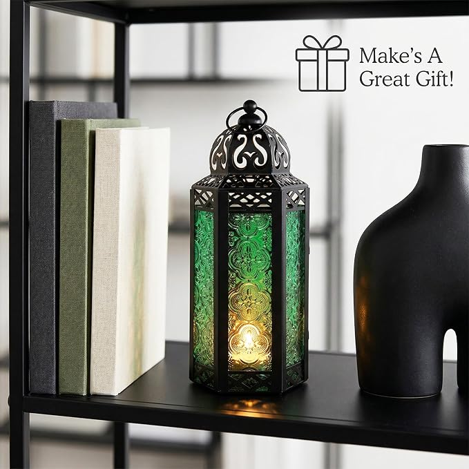 Vela Lanterns Decorative Indoor Moroccan Candle Holder, Green, M | Emerald Green Glass Decor, Ramadan Lantern, Turkish Votive Pillar Lamp, Whimsigoth Witch Tealight Holder, 10.5in Tall