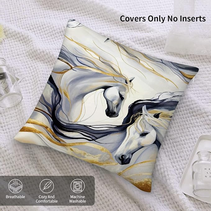 Abstract Horse Throw Pillows Cover 18"x18" Set of 2, Black Gold Pillow Cases for Sofa Couch Chair,Horse Living Room Couch Decor,Horse Stuff for House Lovers