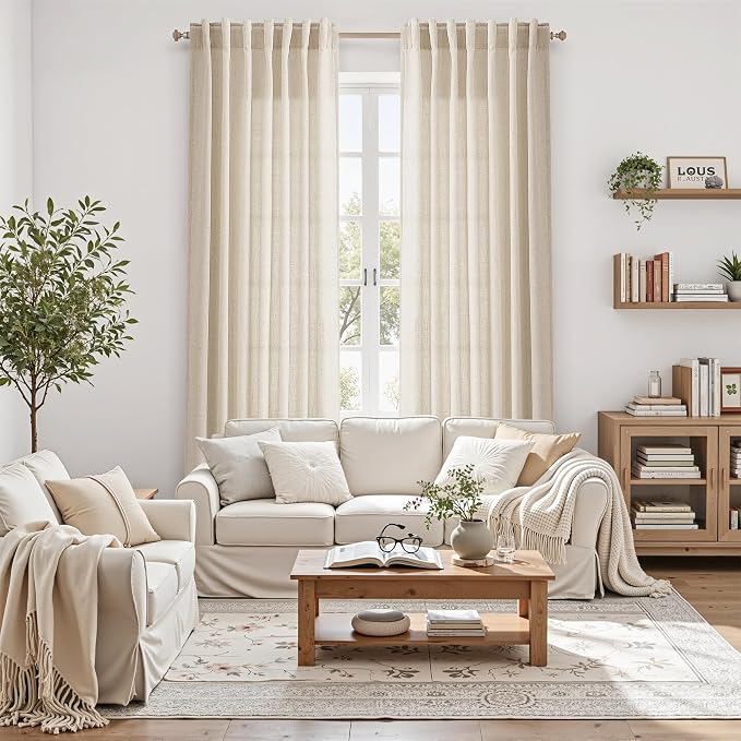 Cream Beige Linen Curtains for Living Room 98 Inches Long Light Filtering Semi Sheer Curtain Back Tab Modern Farmhouse Decor Elegant Luxury Coastal Drapes for Bedroom Dinner Room 52x98, 2 Panels