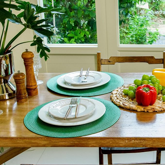 FunWheat Round Braided Placemats Set of 6 Table Mats for Dining Tables Woven Washable Non-Slip Place mats 15 inch(Holly Green, 6pcs)