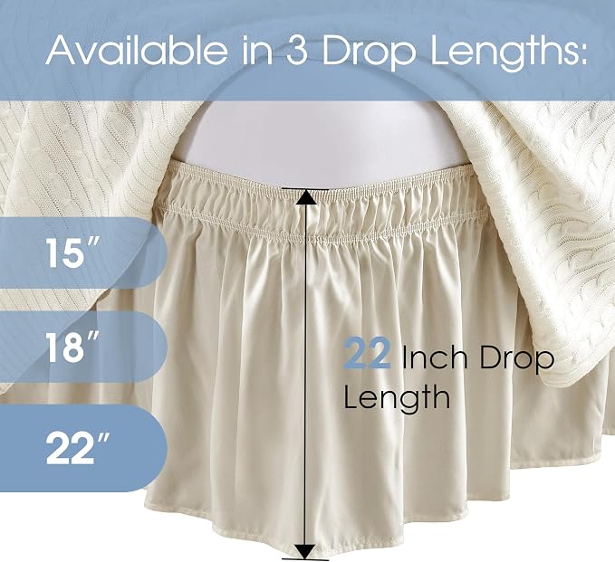 FreshCulture Twin Bed Skirt, Elastic Wrap Around Bed Skirt Twin Size, Bed Skirts for Adjustable Bed, Easy Fit with 22 Inch Drop Length, Hotel Quality Dust Ruffle for Twin Bed (Cream)