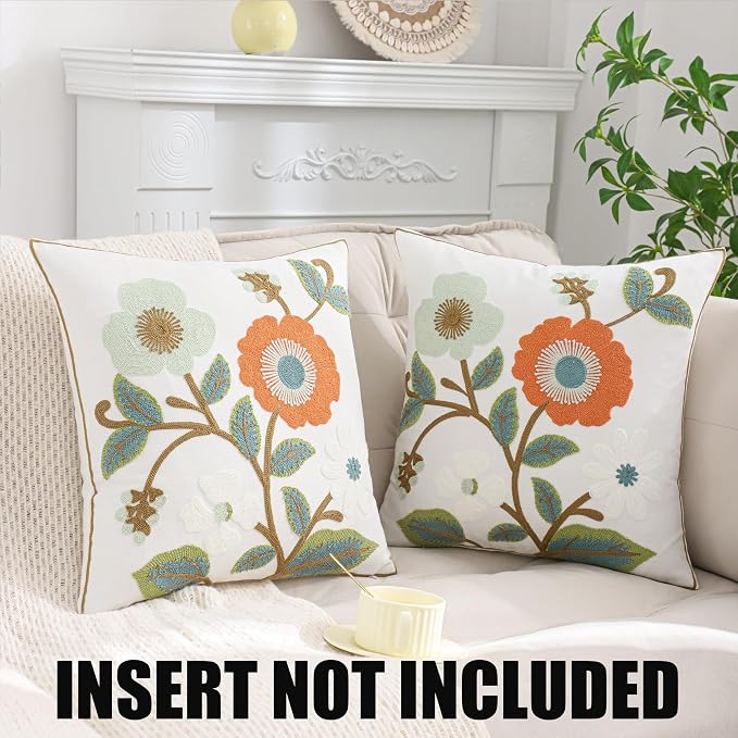 Embroidered Throw Pillow Covers 18x18 Pack of 2 Green and Orange Pillow Covers Flowers with Leaves Pillow Cushion Case Summer Decorative Farmhouse Pillowcases Square Rustic Floral Pillow Case