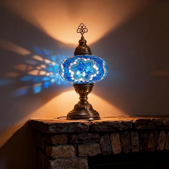 Turkish Mosaic Table Lamp with Bulb – Handmade Turquoise Blue Stained Glass Bedside Light, Authentic Vintage Boho Decor with E12 Socket & US Plug