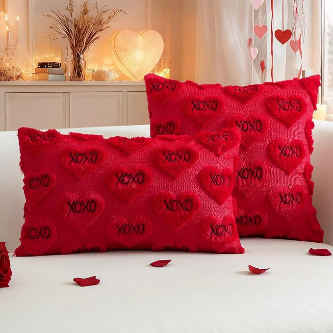 Artscope Valentines Pillow Covers 12x20 Set of 2 Decorative Love Heart XOXO Valentine's Day Throw Pillow Cases Soft Plush Faux Fur Couch Cushion Case for Holiday Sofa Bed Room Home Decor-Red XOXO