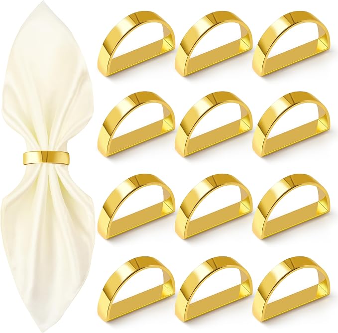 APTWOW Bright Gold Napkin Rings Set of 12, Fall Thanksgiving Table Decor | Semicircle, Metal, Gold Napkin Holder Buckles, Fall Napkin Rings for Dinner Table Decor, Wedding, Banquet, Valentines Day