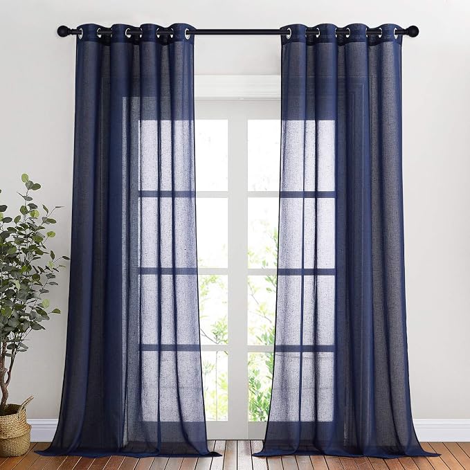 NICETOWN Linen Sheer Living Room Curtains 90 inch Long, Privacy Chic Semi Sheer Window Drapes Privacy with Light Filtering for Bedroom/Boys Room, W52 x L90, Dark Blue, 1 Pair