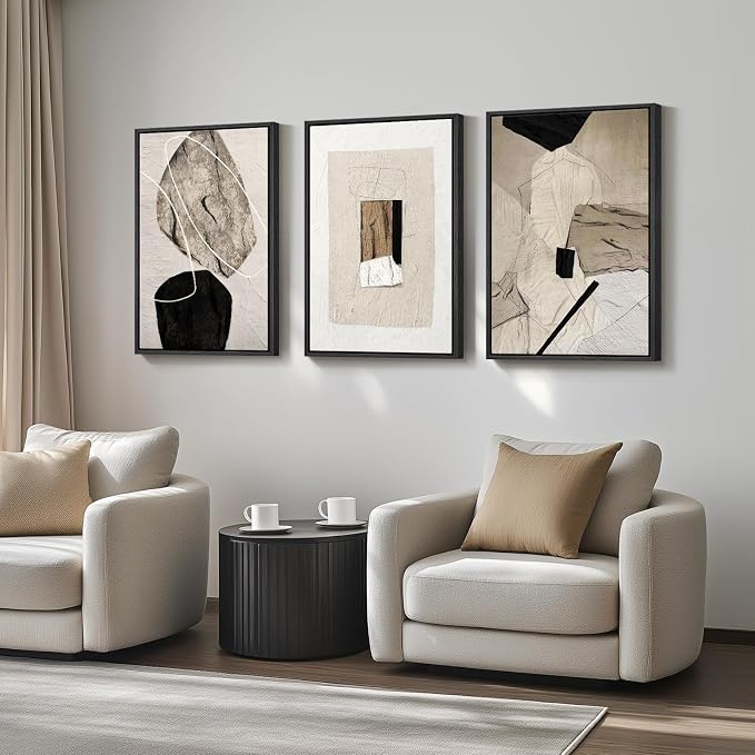 Large Framed Modern Neutral Abstract Wall Art, Set of 3, Total 60x30 In | Black and beige pictures, Canvas prints, Minimalist paintings, Artwork for walls, Wall decor for living room bedroom dining