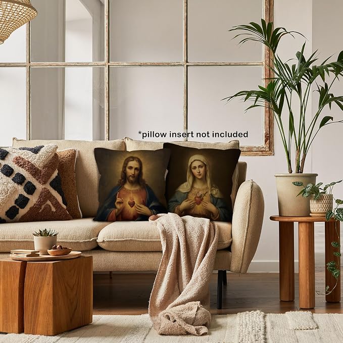Catholic Sacred Heart of Jesus Immaculate Heart of Mary Throw Pillow Cover Gifts 18x18 Set of 2, Christian Virgin Mary Decor Pillow Cases for Bedroom, Religious Decorative Pillowcases