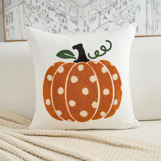 Fall Pumpkins Pillow Covers 18x18 Inch Dots Pumpkin Embroider Decorative Throw Pillowcases Farmhouse Autumn Seasonal Harvest Patio Cushion Cases for Sofa Couch Home