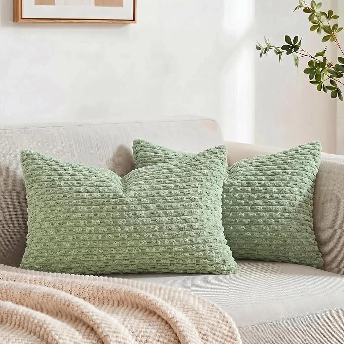 Fancy Homi 2 Packs Sage Green Long Lumbar Decorative Throw Pillow Covers 12x24 Inch for Couch Bed Sofa, Modern Farmhouse Boho Home Decor, Soft Cute Plush Corduroy Rectangle Cushion Case 30x60 CM