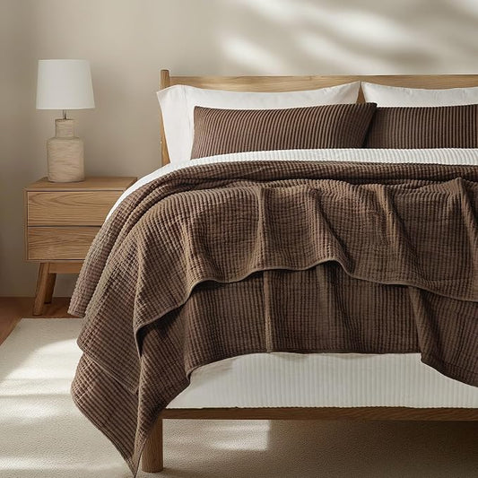 EVERGRACEHOME Cotton Ribbed Matelassé Coverlet Set, King, Sienna Brown | Soft Lightweight Bedspread, 3 Pieces, Breathable Cozy Oversized Quilted Bedding Set for All Seasons, with 2 Pillow Shams