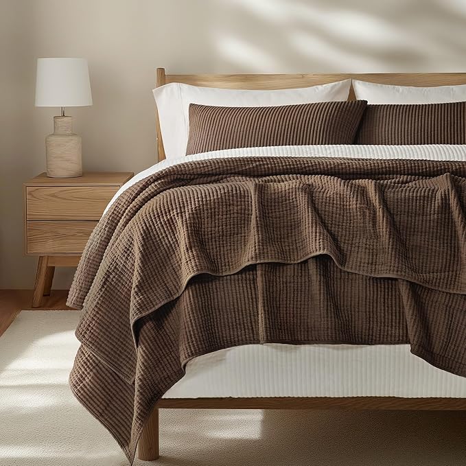 EVERGRACEHOME Cotton Ribbed Matelassé Coverlet Set, Queen, Sienna Brown | Soft Lightweight Bedspread, 3 Pieces, Breathable Cozy Oversized Quilted Bedding Set for All Seasons, with 2 Pillow Shams