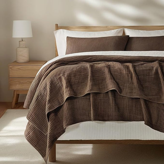 EVERGRACEHOME Cotton Ribbed Matelassé Coverlet Set, Queen, Sienna Brown | Soft Lightweight Bedspread, 3 Pieces, Breathable Cozy Oversized Quilted Bedding Set for All Seasons, with 2 Pillow Shams