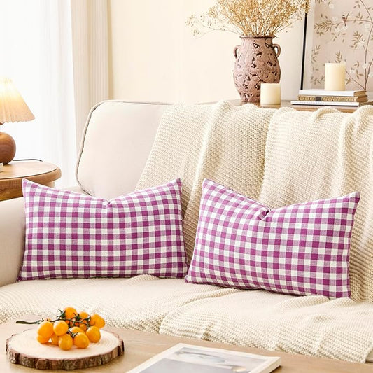 Outdoor Lavender Gingham Plaid Decorative Lumbar Pillow Cover 12x20(Purple) | Set of 2 Couch Lumbar Pillow Covers 12 x 20, Aesthetic Room Decor, Outdoor Porch Patio Pillow, Farmhouse Pillow Covers