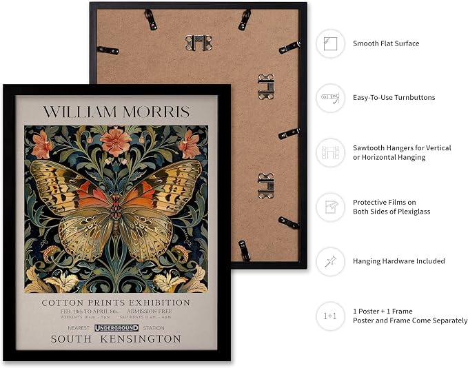 Monem Art William Morris Poster - Butterfly Print - Flower Art - Botanical Poster - Moth Illustration - Floral Creation - Aesthetic Living Room Decor - 16x20 Black Framed