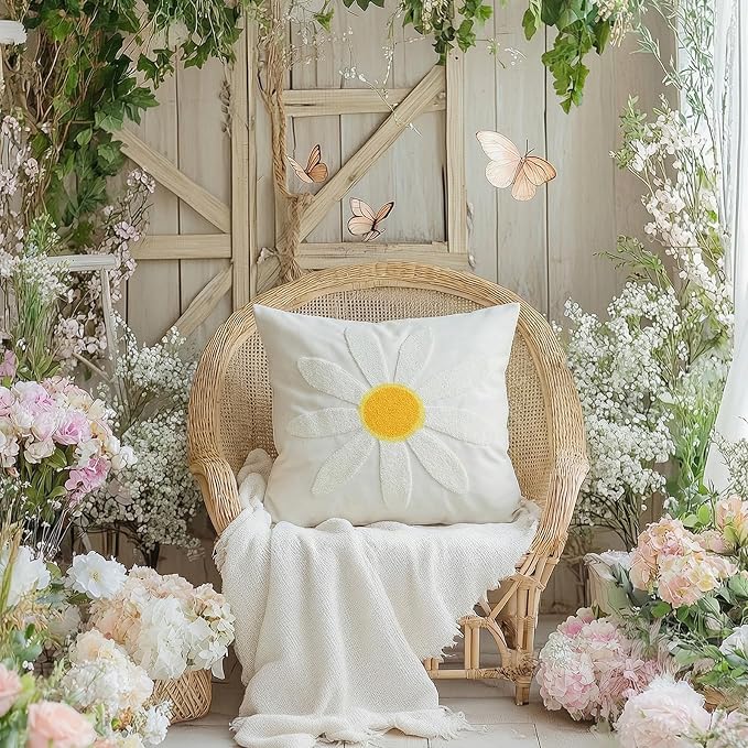 GEEORY 2-Pack 18x18 Inch Spring Summer Daisy Embroidered Canvas Throw Pillow Covers, Farmhouse Cotton Cushion Cases for Sofa Bed Living Room Home Decor