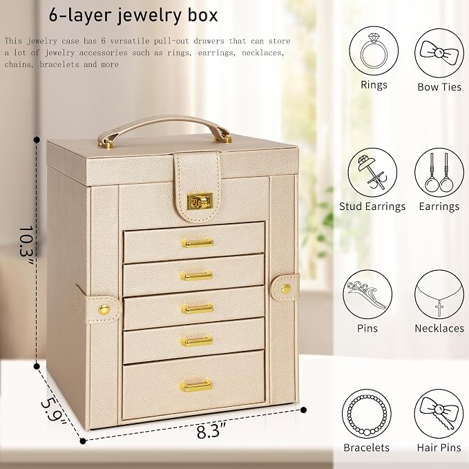 AKOZLIN 6-Tier Jewelry Box Organizer Functional 5 Drawers Leather Jewelry Storage Case for Women Girls Ring Necklace Earring Bracelet Holder Organizer with Mirror Champagne Regular