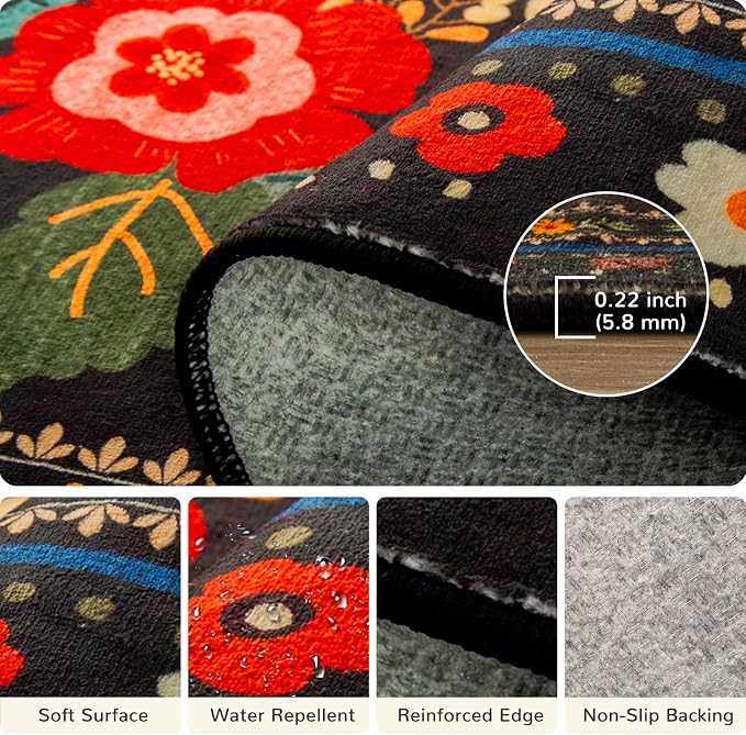Washable Floral Area Rug for Living Room 5x7 Black | Non-Slip，Vacuum-Friendly, Low Pile, Flower Carpet for Bedroom Kitchen Entryway Dining Room Office Nursery