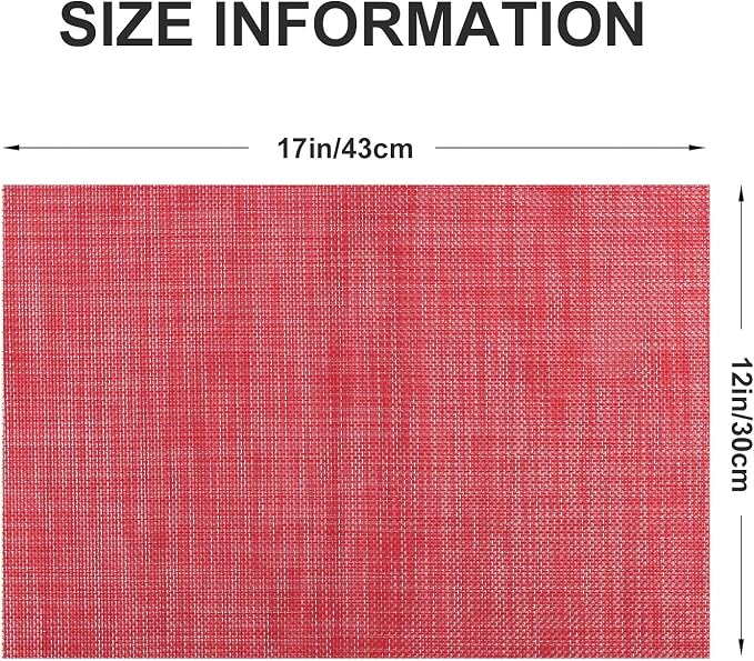 Vinyl Placemats Set of 8, PVC Woven Washable Non-Slip Table Mats, Heat Resistant Wrinkle Free Place Mats for Dining Table, Easy to Clean (8, Red)