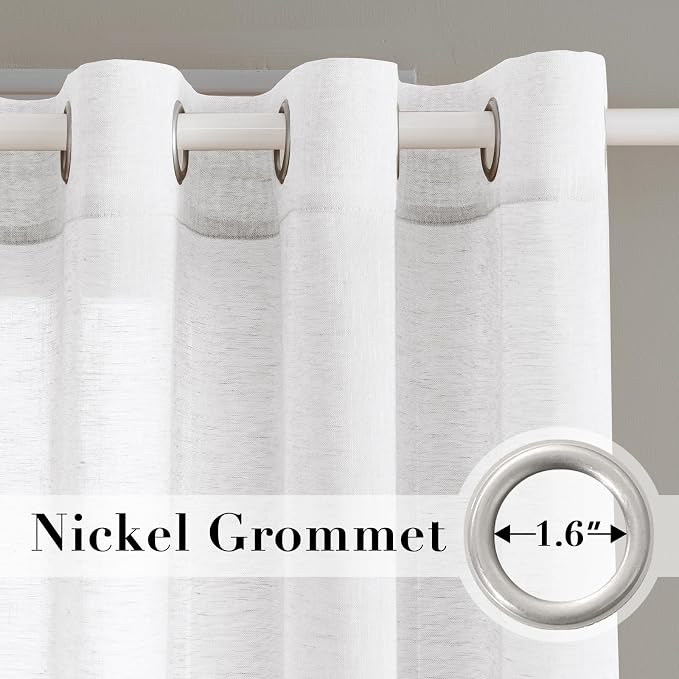 H.VERSAILTEX Linen Curtains Flax Linen Blended Curtain Panels for Living Room/Bedroom Semi Sheer Privacy Curtains 102 inch Length 2 Panels Set Nickel Grommet Window Drapes, Pure White