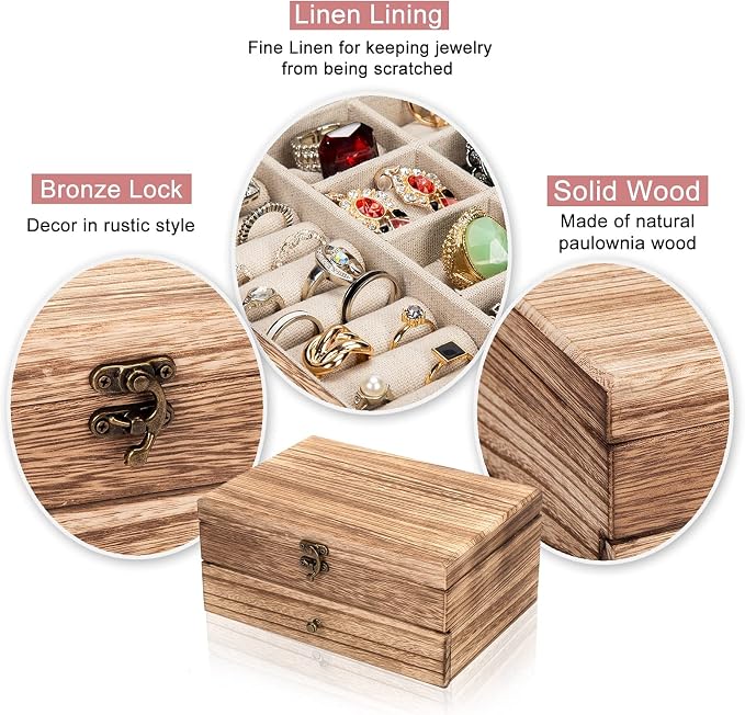 Pinzoveco Jewelry Box for Women, Rustic Wooden Jewelry Organizer Box for Storage Earrings Rings Necklace Bracelet, Farmhouse Style Wood Jewelry Boxes & Organizers (Torched Wood Color)