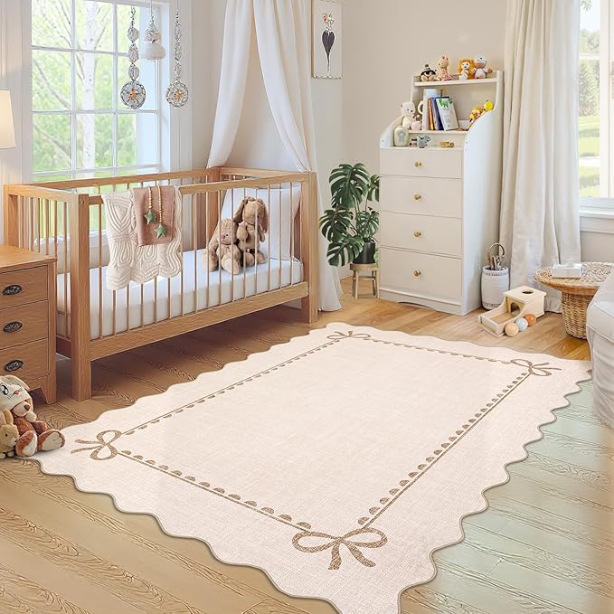COZYLOOM Area Rugs 9x12 Large Living Room Rug with Rubber Backing, Stain Resistant Scalloped Bow Rug Non Shedding Low Pile Bordered Farmhouse Carpet for Bedroom, Nursery, Dining Room, Beige