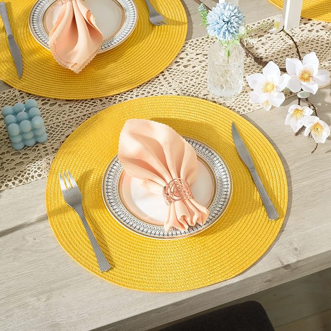 AHHFSMEI Round Placemats Set of 4 Heat Resistant Washable Non-Slip Woven Braided Table Mats for Dining Table Kitchen & Home Decor (Yellow,4)