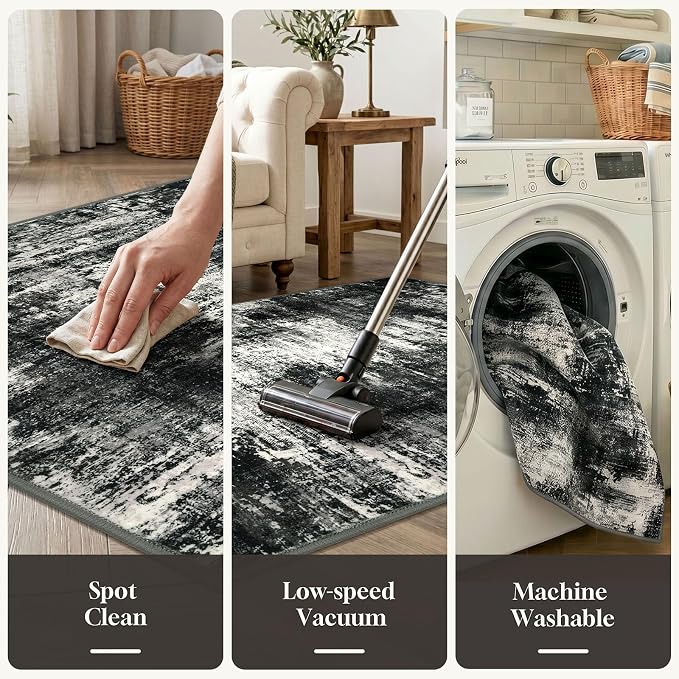 Lansny Abstract Washable Entryway Rug 2x3 Area Rug Small Non Slip Door Mat | Charcoal Black;Thin Printed Faux Wool Kitchen Rugs;Indoor Front Door Rug;Entry Rug;Throw Rugs for Foyer,Entrance;Floor Carpet