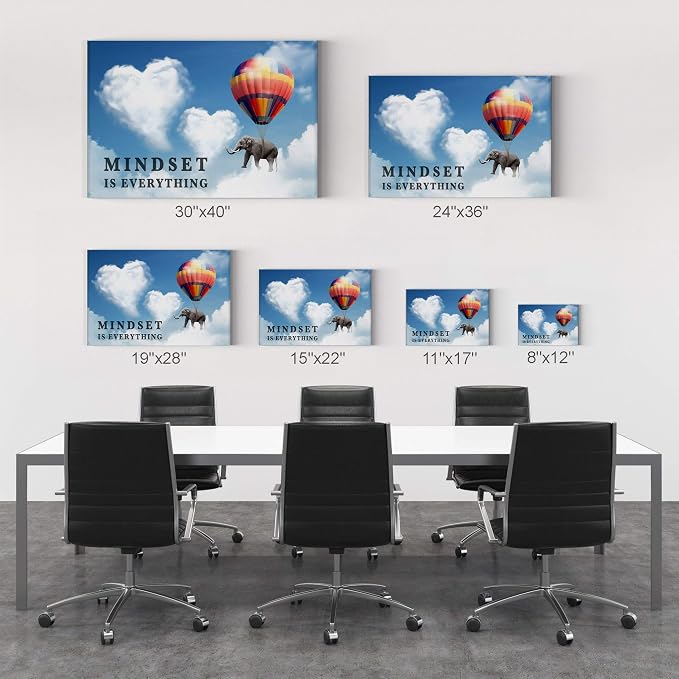 Smile Art Design Mindset is Everything Quote Elephant with Balloon Blue Sky Motivational Wall Art Canvas Print Inspirational Wall Art Entrepreneur Quote Office Decor Artwork Gift Ready to Hang 15x22