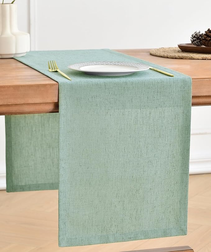 Wracra Linen Table Runner, Light Green Table Runners 48 Inches Long | Rich Woven Linen Blend Fabric, Machine Washable, Rustic Farmhouse Handcrafted Table Runner for Dresser Dining Table Decor