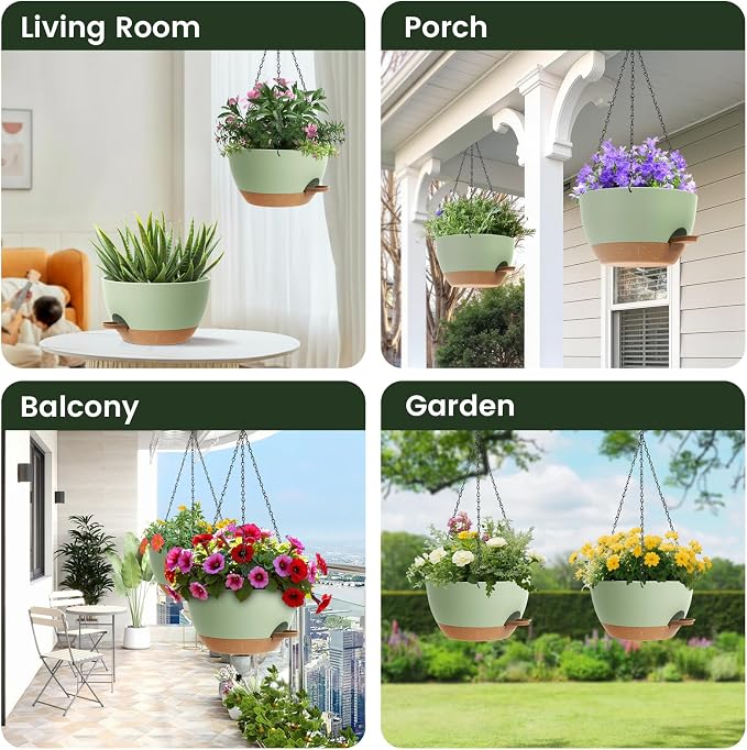 2 Pack 12 Hanging Flower Pots with Chains Self Watering Plastic Planters for Indoor Outdoor Plants, Sturdy Triangular Iron Chain Design for Garden PorchPlastic hanging flower pots (2, Green Brown)