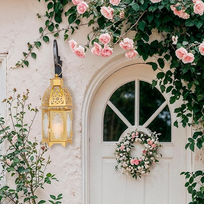 Moroccan Lanterns Decorative Indoor & Outdoor, 12.8’’ Medium Size Golden Metal Hanging&Tabletop Candle Holder Decor, Halloween Christmas Ramadan Decorations for Home Porch Patio (Golden)
