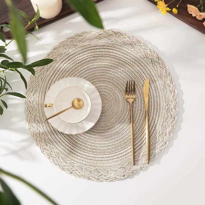 SHACOS Round Placemats Set of 4 Boho Braided Border 15 inch Circle Place Mats Washable Fabric Table Mats for Kitchen Dining Table, Ivory