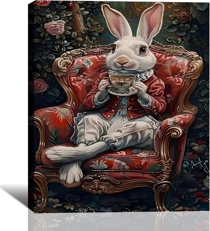 Noble Gentleman Easter Rabbit Canvas Print, Vintage Framed Bunny Art for Office Wall Decor, Victoria Spring Canvas Art Pictures for Living Room Hallway Holiday Wall Decoration