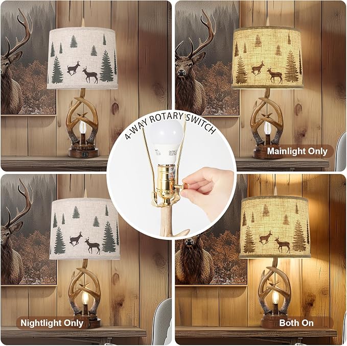 Scenekoy Rustic Farmhouse Antlers Table Lamp Set of 2 with Night Light